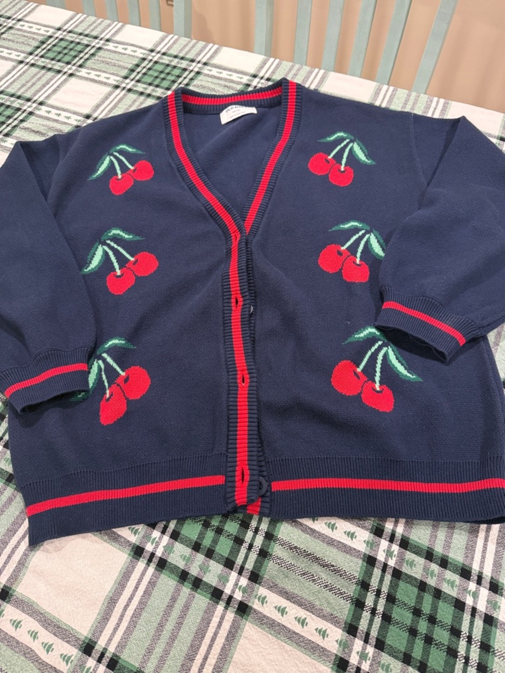 Almost NEW Old Navy 🍒Navy Sweater with Cherries & Red Stripe Neck Trim🍒